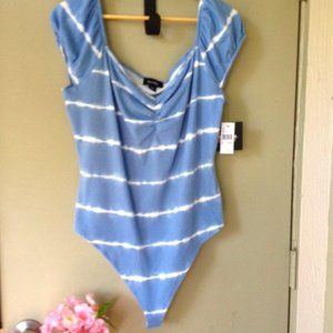 By & By XXL Bodysuit Top Blue White Stripe Tie Dye Cap Sleeves Ruched Neck  NEW